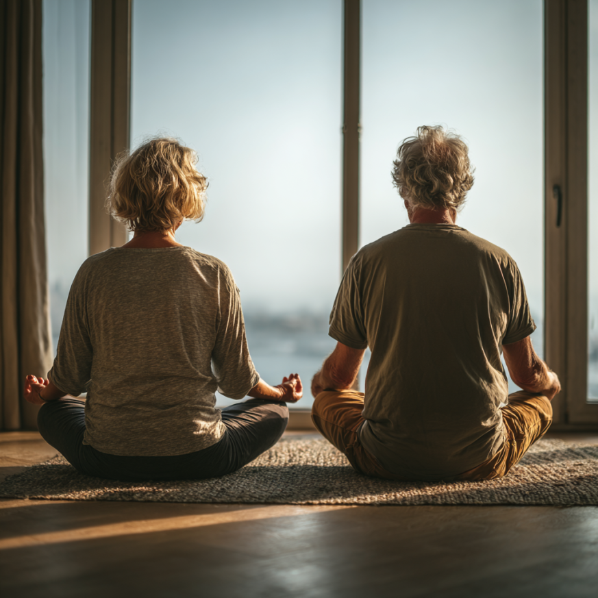 Grup de seniori practicând yoga în aer liber